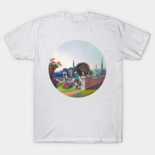 Garden with gushing fountain and flowerpots T-Shirt